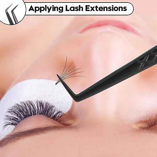 Ms.Queen Lash Tweezers for Eyelash Extensions,Set of 5,Fiber Tip Curved 45 90 Degree and L-Shape Boot Lash Tweezers for Mega Volume & Classic Lashes,Black