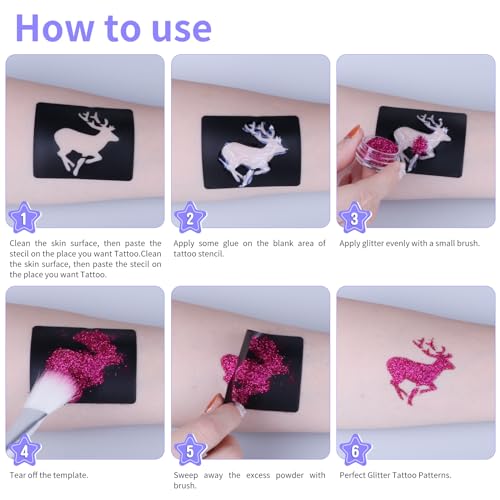 Temporary Glitter Tattoo Kit for Kids & Adults, LCDGTJ 42 Glitter & 6 Fluorescent Color, 209 Stencils, 4 Glue, 5 Brushes, 1 Diamond Sticker, Safe & Easy Removal Face Body Art Birthday Party Supplies