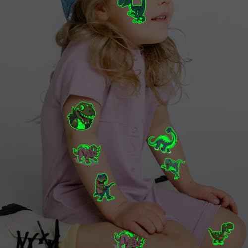 Glow in The Dark Dinosaur Temporary Tattoos for Kids - 74 Individually Sheets Luminous Dinosaur Tattoos for Boys Birthday Party Favors Goodie Bag Fillers