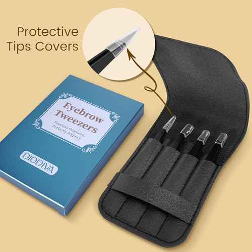 4-Pack Tweezers for Eyebrows, Facial Hair, Ingrown Hair Removal, Tweezer Set with Case for Women and Men, Professional Stainless Steel Precision Eyebrow pinza de cejas Plucking Grooming - Black