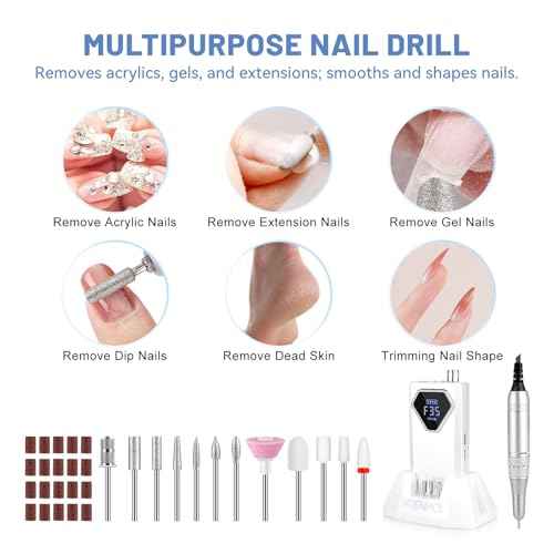 Vrenmol Professional Electric Nail Drill: 35000RPM Rechargeable Nail Drill Machine with Base Portable Nail File with Nail D rill Bits for Remove Gel Dip Acrylic Nails Nail Art Salon Use White
