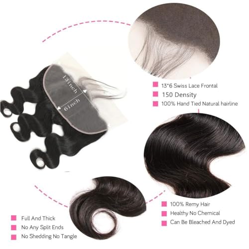 MSGEM 13x6 Lace Frontal Body Wave HD Transparent Frontal Ear to Ear 13x6 Lace Frontal Closure With Baby Hair Free Part 100% Virgin Human Hair Closure Natural Hairline 150% Density 14inch