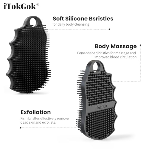 Silicone Body Scrubber Silver-Infused Dual-Sided 3-in-1 for Shower, Body Cleaning+Massage+Exfoliator Body Brush Buffer for Men and Women, Silicone Loofah, Non-Slip Handle (Black)