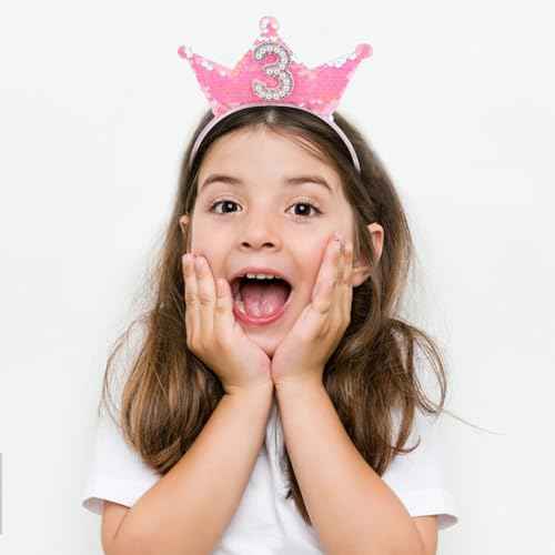 Jaciya Pink Headband Sequin Headbands for Girls Sparkling Tiara Pearl Hairband Birthday Head Band Princess Party Decorations (3rd birthday headband)