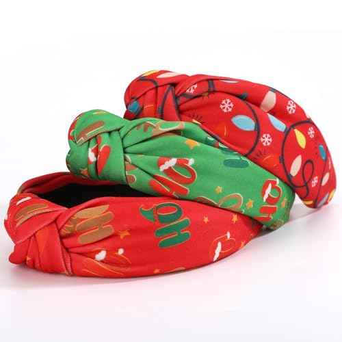 3Pcs Christmas Headbands for Women ? Red & Green HOHO & Light String Knotted Hair Hoops, Winter Holiday Accessory