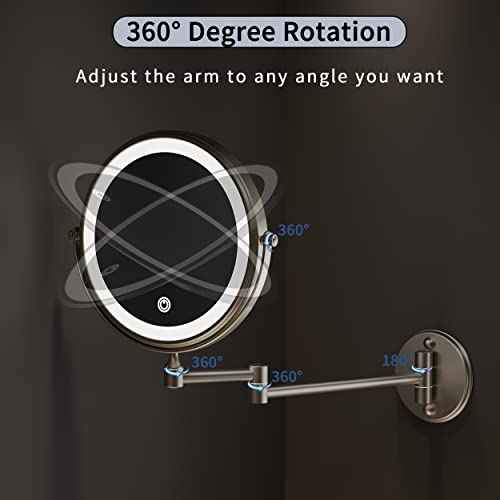 Rechargeable Makeup Mirror Wall Mounted with Double Side 1X/10X Magnification,3 Color Lights Touch Screen and 360¡Æ Swivel Extendable(Brushed Grey)