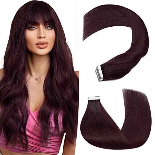 Hairro Tape In Hair Extensions Human Hair Tape Ins Glue In Skin Weft Rooted Tape On Hair Extensions Blonde Hair Extensions For Women 16 inch 50g 20pcs #99J Wine Red