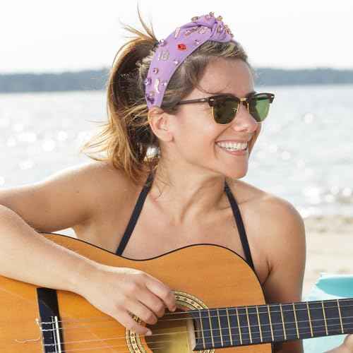 Music Jeweled Knotted Headband for Women, Guitar Red Lip Microphone Rhinestone Crystal Embellished Top Knot Hairband, Fashionable Hair Accessories for Singer Fans Birthday Concert Gift (Purple)