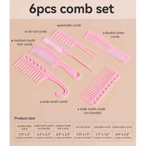 6PCS Professional Hair Comb Set for Women & Men Rat Tail, Wide & Fine Tooth Combs for Curly Hair, Braiding, Barber Styling, Cutting & Parting (Pink)