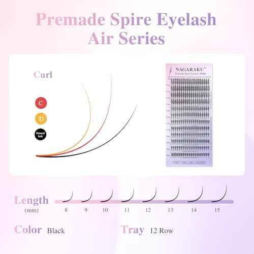 NAGARAKU Premade Spire Eyelash Extensions Air Series Feather Shape Manga Anime Individual Lashes Volume Soft Black Flat Root Spikes Fans Eyelashes DIY Clusters Lash Salon -0.07 C Curl 8-15mm Mix
