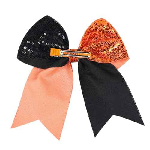 Jumbo Glitter Cheer Bow Clip - 7 Inch Large Cheerleading Sequin Hair Bow with Tails for Girls Teen Softball Cheerleader Outfit Uniform (Orange Black)