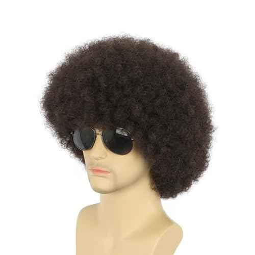 karlery Adult Men Women Afro 70s 80s Curly Dark Brown Wig Rocker Party Wig California Halloween Costume Wig