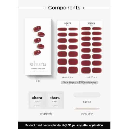 ohora Semi Cured Gel Nail Strips (N Wine Veil) - Works with Any Lamps, Salon-Quality, Long Lasting, Easy to Apply & Remove - Includes 2 Prep Pads, Nail File & Wooden Stick