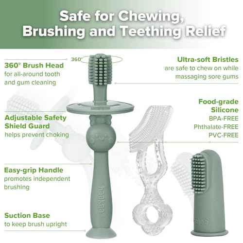 haakaa Training Toothbrush Set Oral Care Kit, Soft Silicone Toothbrush for Baby, Infants, Toddlers & Kids, Pea Green