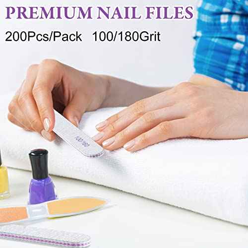 200 Pcs Nail Files 100/180 Grit Double Sides Emery Boards Reusable Nail Files for Acrylic Fingernails Professional Manicure Tools for Natural Acrylic Fingernail Home and Salon Supplies