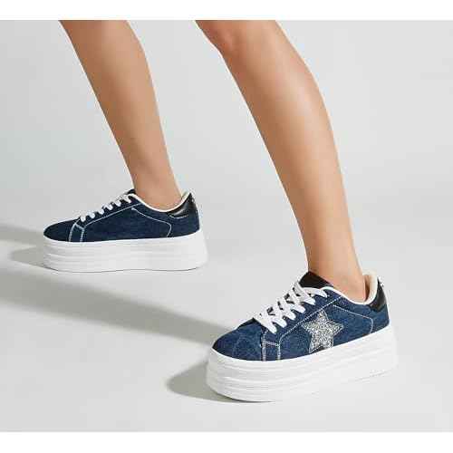 BELOS Fashion Platform Women Sneakers Faux Suede Stars Holographic Rainbow Walking Shoes