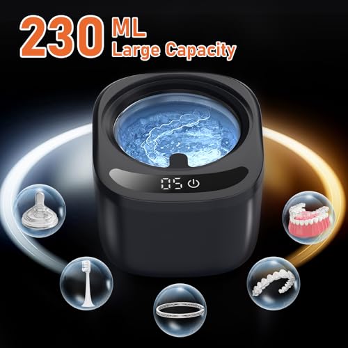 Ultrasonic Retainer Cleaner Machine, Dental Cleaning Pod, 45kHz Retainer Cleaning with 230ML Capacity for Dentures, Aligner, Mouth Guards, Braces, Jewelry, Nightguard & All Dental Appliances