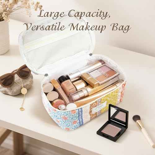 3Pcs Cotton Quilted Makeup Bag for Women Girls, Large Floral Cosmetic Bag Set Cute Makeup Brushes Aesthetic Accessories Storage Bag Travel Toiletry Bag Organizer for Women