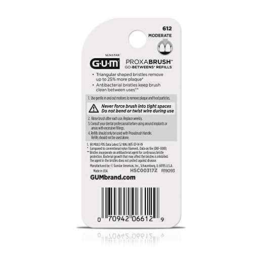 GUM Proxabrush Go-Betweens Refills - Moderate - Compatible with GUM Permanent Handle - Reusable Interdental Brushes - Soft Bristled Dental Picks, 8ct(6pk)