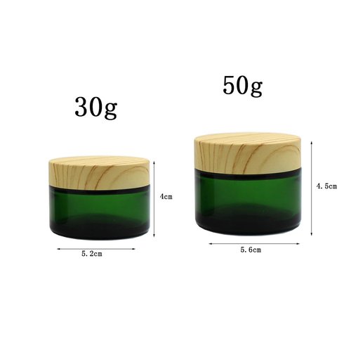 4Pack 30g 1 oz Glass Cream Jars, Green Empty Sample Jars Cosmetic Containers Pot with Wood Grain Lids for Lotion, Lip Balm, Eye Cream, Scrubs, Oils, Salves, Ointments