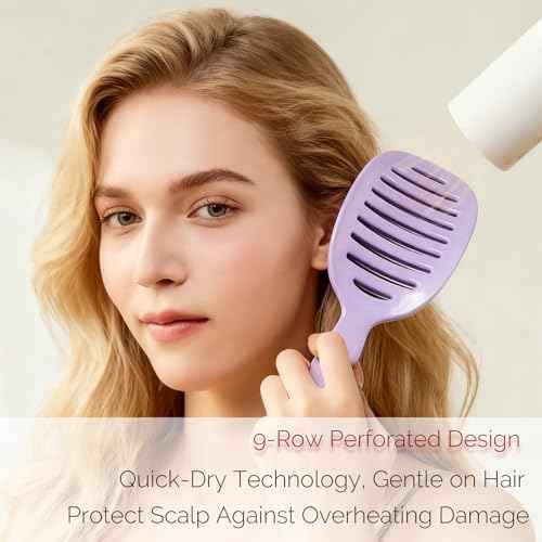 Self Cleaning Hair Brush with Lift Pad, ABS Vent Brush for Blow Drying, Dual Curve Design with Extra Long & Thick Bristles, Wet Hair Brush for Women, Girls & Kids£¨Purple£©