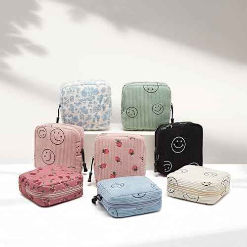 Small Makeup Bag for Purse,Mini Cosmetics Bag cute Zipper corduroy Cosmetic Pouch Storage Pouch Travel Toiletry Organizer for Women Girls(Smiley Face,Pink)