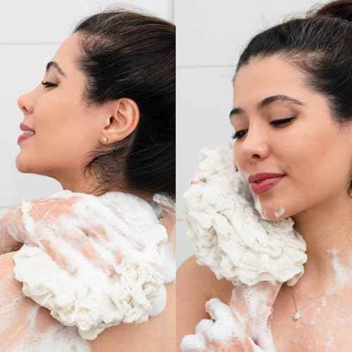 Bamboo Washcloth & Ramie Loofah ? Dual?Sided Body Scrubber for Bath & Shower ? Patent Pending - Gentle Exfoliation, Sensitive Skin Spa Tool ? Large Loofah with Bar Soap Pouch, Cotton Wash Bag, 2 Pack