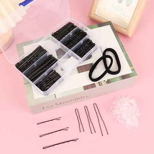 402pcs Bobby Pins U Hair Pins Set, 150pcs Wavy Bobby Pins 150pcs Hair Pins and 102pcs Hair Bands, U Pins for Hair Buns Women and Girls All Hair Types 2inch 2.4inch 2.75inch, Black
