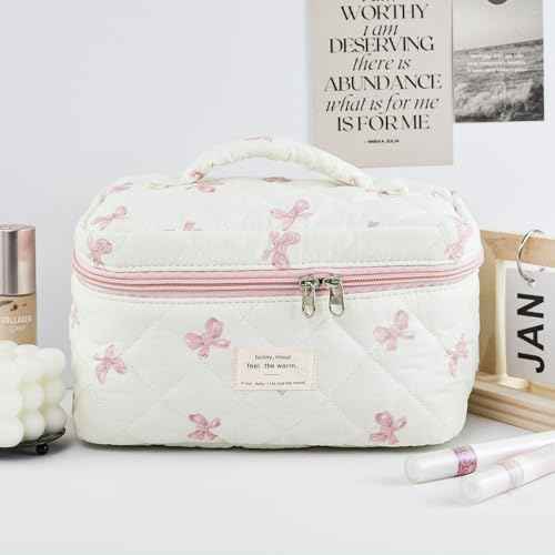 Makeup Bag, Quilted Bow Cosmetic Bag, Large Travel Aesthetic Make up Bag, Cute Coquette Toiletry Bag for Women Girls