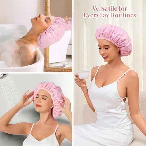 Shower Cap for Women Waterproof Reusable, Large Shower Cap Non-Slip with Elastic Band, Washable Bath Hair Hat for Long Hair, Braids (Pink)