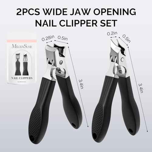 MelodySusie Wide Jaw Opening Nail Clippers Set, 2 pcs Toenail Clippers for Seniors Thick Nails, Anti-Splash Curved and Slanted Nail Clippers for Men Women, Fingernail Cutter with Catcher, Black