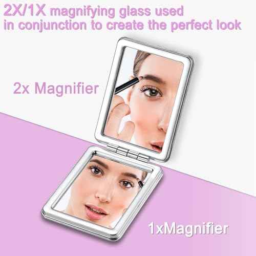 Pocket Mirror, Small Travel Mirror with Magnification, Portable Double-Sided Magnifying Cosmetic Mirror for Daily (2 Shiny)