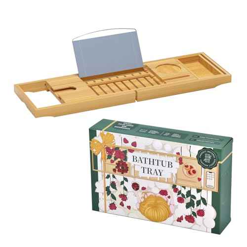 Luxury Bamboo Bathtub Tray - Wooden Expandable Caddy with Book, Tablet, Wine Holder - Gift Idea
