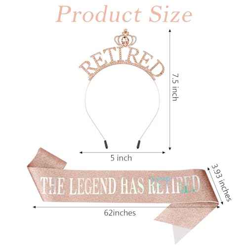 SuPoo Rose Gold Retirement Sash for Women Rhinestone Retired Crown Headband Tiara Retirement Gifts The Legend Has Retired Sash Crown Elegant Retirement Party Decorations Retired Decor
