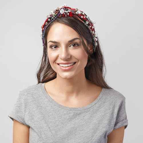 WantGor Pearl Knotted Headband, Women Rhinestone Embellished Hairband Elegant Wide Top Knot Bride Headbands Headpieces Party Fashion Elegant Ladies Hair Band Hair Hoop Accessories (Red Plaid)