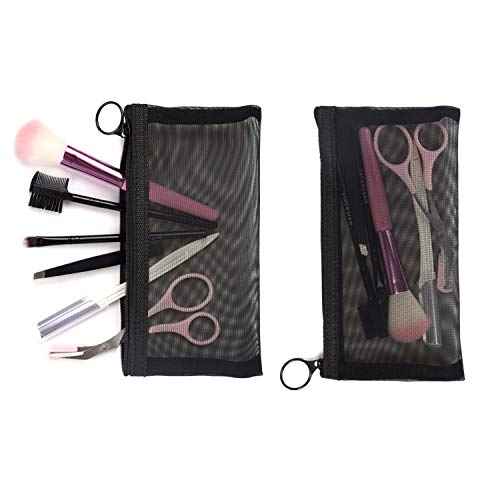 patu Zipper Mesh Bags, Pack of 5 (XS/S/M/L & Long Pouch), Beauty Makeup Cosmetic Accessories Organizer, Travel Toiletry Kit Set Storage Case, Black