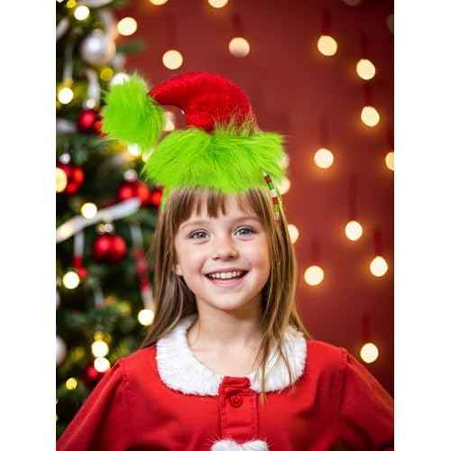 Green Furry Headband Christmas Hat Headband with Red Heart Cute Headpiece Funny Novelty Costume Accessories Christmas Party Favors Women Men