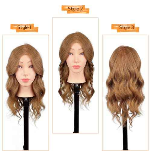 Mannequin Head Human Hair, 100% Real Hair Cosmetology Manikin Head for Practice Braiding Hairstyling Cutting with Free Clamp Holder and Tools (100% Light Brown)