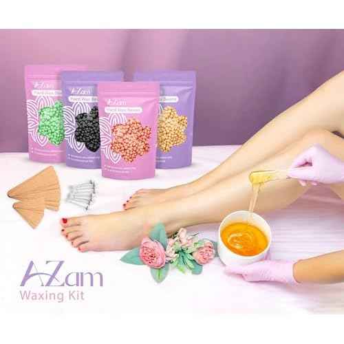AZAM Hard Wax Beads,Hot Wax Beads,Hair Removal for Full Body4X100G Painless Hard Wax Beans with 10 large applicators 10 smaller ones, 10 nose sticks, Professional Wax Beads for Eyebrow, Bikini