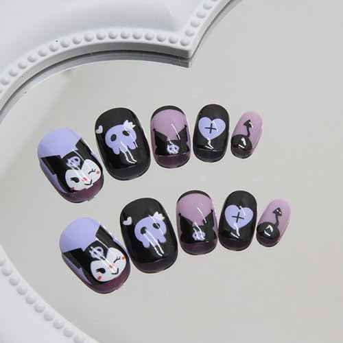24PCS Black Rabbit Short Press on Nails,Black and Purple Press on Nails Short for Girls and Women,Fake Nails Kit with Jelly Glue