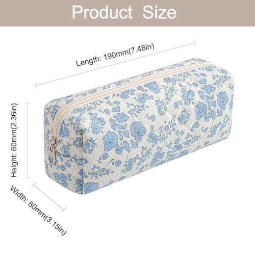 Cute Floral Makeup Brush Bag Small Cotton Quilted Cosmetic Bag for Women Travel Toiletry Zipper Make Up Pouch (Blue Floral)