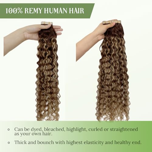 Water Wave Tape in Hair Extensions Strawberry Blonde Ombre Remy Thick Tape ins Human Hair Extensions Seamless Invisible Double Sided Skin Weft Curly Wavy Tape ins 22in 50Grams Add Volume