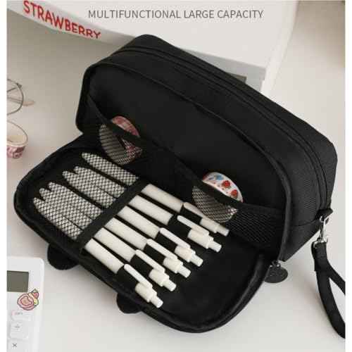 Kitty Cat Pencil/Pen Pouch 4-Layers Extra Capacity Cosmetic Organizer Pen Brush Holder Mesh Pockets (4 Layers - Black)