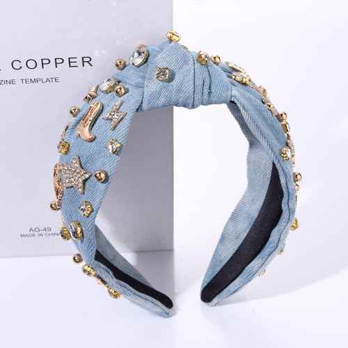 MOLOCH Western Headband Cowgirl Headband for Women Cowboy Boot Hat Stars Knotted Head Band Crystal Jeweled Top Knot Hairband Western Country Concert Hair Accessories Bachelorette Outfit Gifts