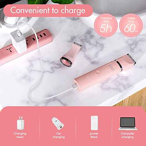 Electric Bikini Trimmer for Women - 2 in 1 Electric Lady Pubic Hair Groomer Painless Hair Removal Razor Body Shaver, Portable Ladies Shaver with 2 Trimmer Heads, IPX7 Waterproof