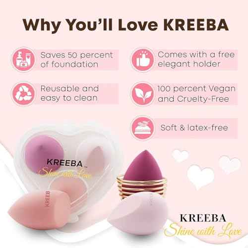 KREEBA 3 Pcs Makeup Sponge Set Comes with Heart-Shaped Travel Box-Makeup Sponges Oval Included Bonus Gold Drying Stand-Latex-Free Make Up Sponges for Face-Beauty Blender Sponge Give Flawless Finish