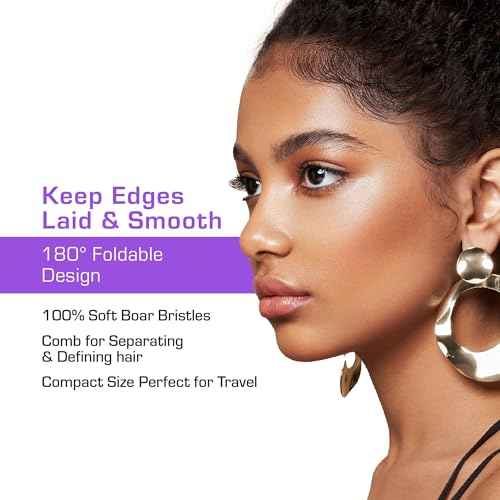 Red by Kiss 2-in-1 Foldable Comb & Edge Brush with Travel Case, Compact Palm-Sized Design, 100% Soft Boar Bristles for Smooth Hair & Edge Control, Portable Hair Styling Tool (Purple)