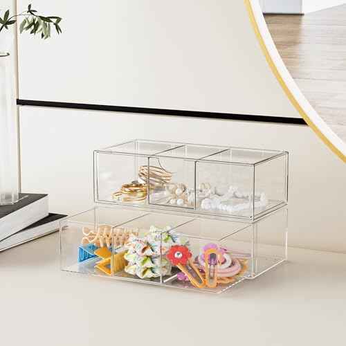 Hair Accessories Organizer for Girls, Clear Acrylic Hair Bow Tie Clip Scrunchie Holder with Removable Divider, Cute Small Stackable Storage Drawer Container Caddy Box for Bathroom Vanity Countertop