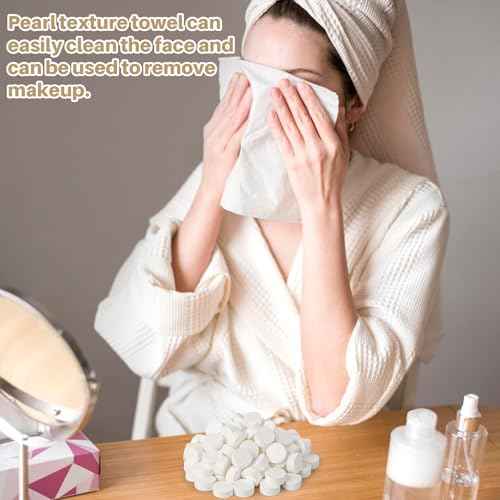 100 Compressed Towel Tablets - Disposable Face Washcloths Fast Drying Lightweight for Adult Camping Hiking Facial Mini Makeup Wipe Coin Tissues Travel Hotel Cleaning Supplies