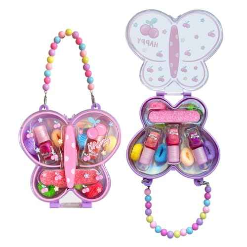 M&U MAKE YOU UP Butterfly Jewelry Case Nail & Hair Set - 3 Quick-Dry Polishes + 5 Fuzzy Elastics | Portable Beaded Clutch for Teens, FashionGift with Floral Charm Party Favors